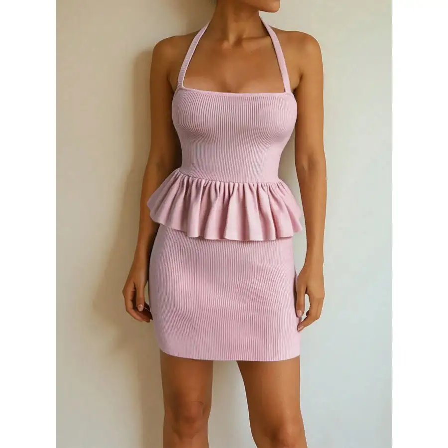 Ribbed Halter Neck Peplum Mini Dress