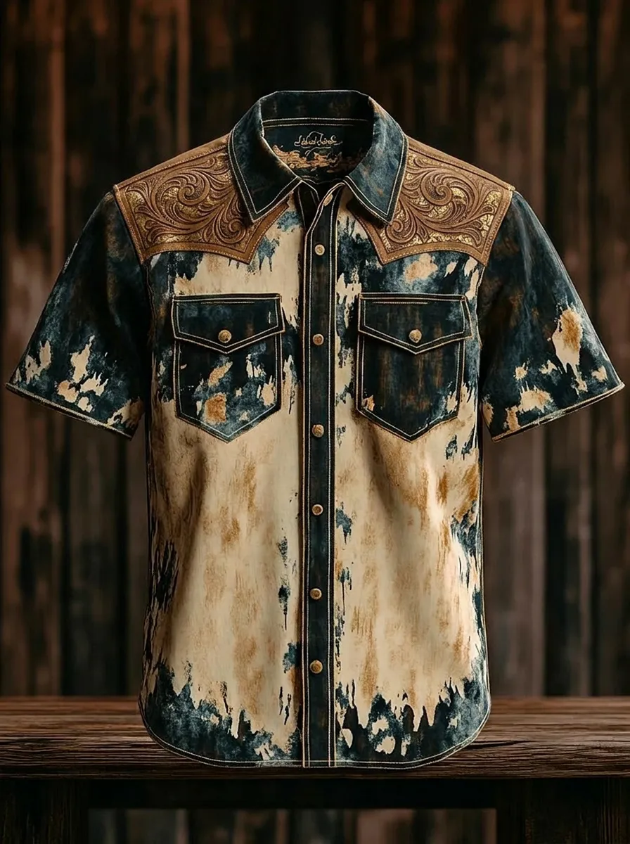Men's Western Style Tooled Leather Pattern Distressed Printed Shirt