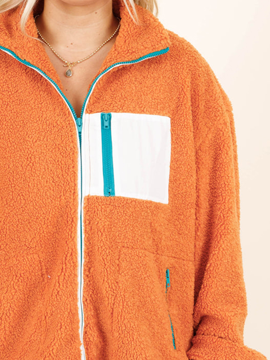 Plush Panel Contrast Zip Loose Hoodie