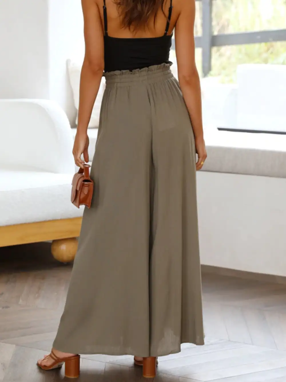 Textured Wide Leg Pants With Pocket
