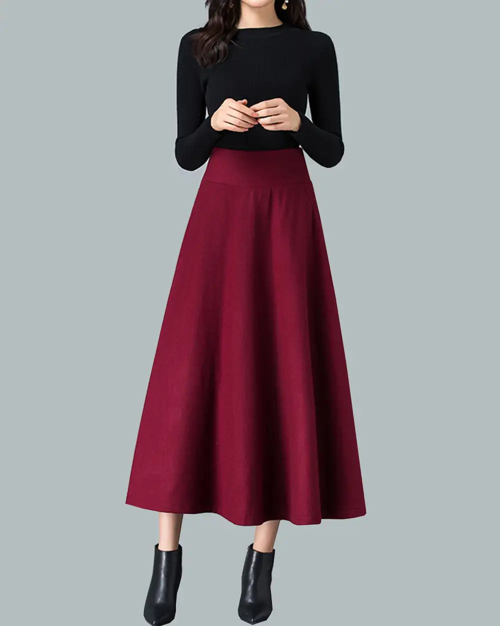 Relaxed Pleated Wool Flared Midi Skirt