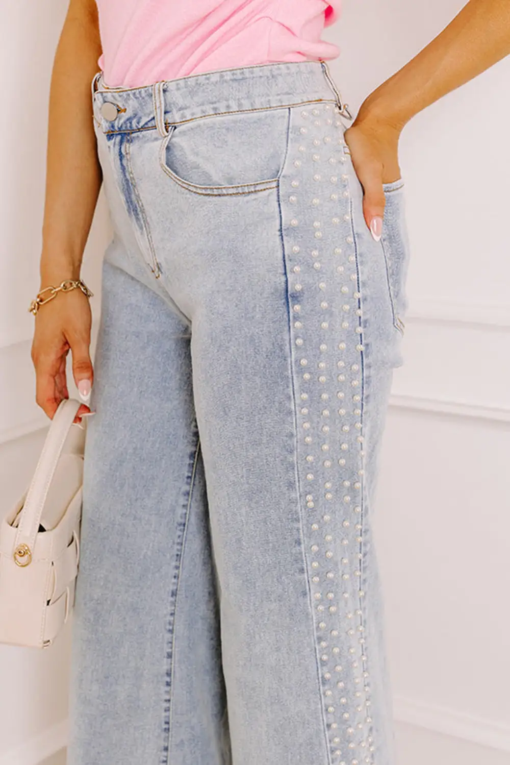 Mid Rise Pearl Embellished Split Wide Leg Jeans
