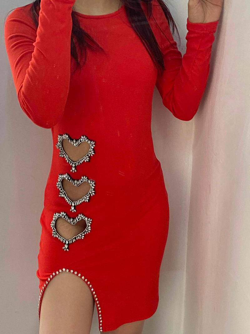 Hollow Heart Rhinestone Slit Bodycon Dress