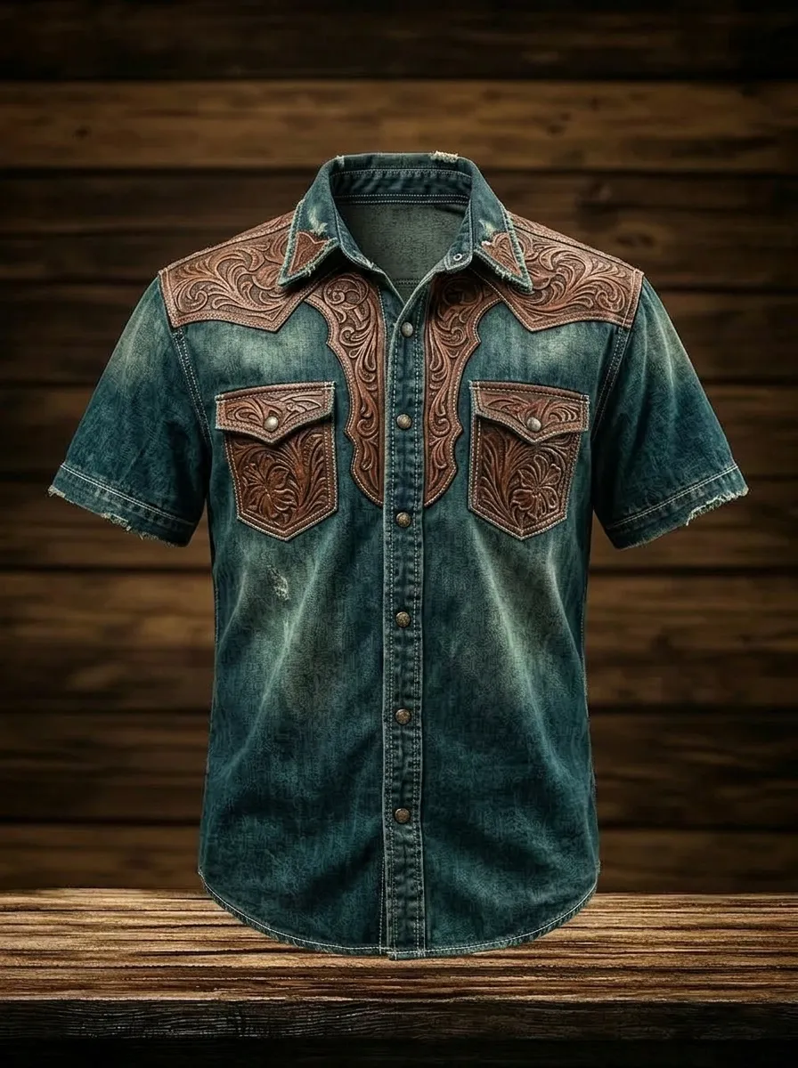 Men's Western Cowboy Floral Leather Tooled Printed Shirt