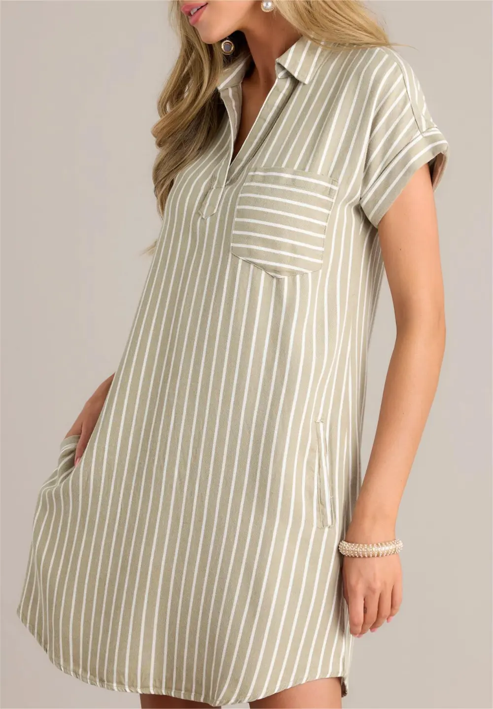 LINEAR ELEGANCE OLIVE GREEN STRIPE MINI SHIRT DRESS