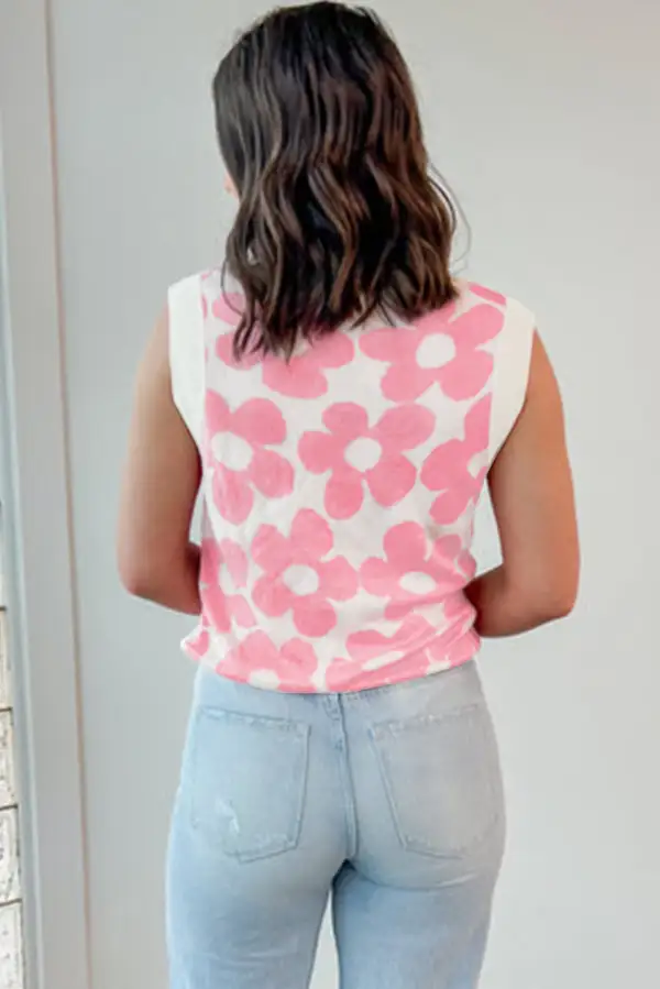 Cute Flower Knitted V Neck Tank Top