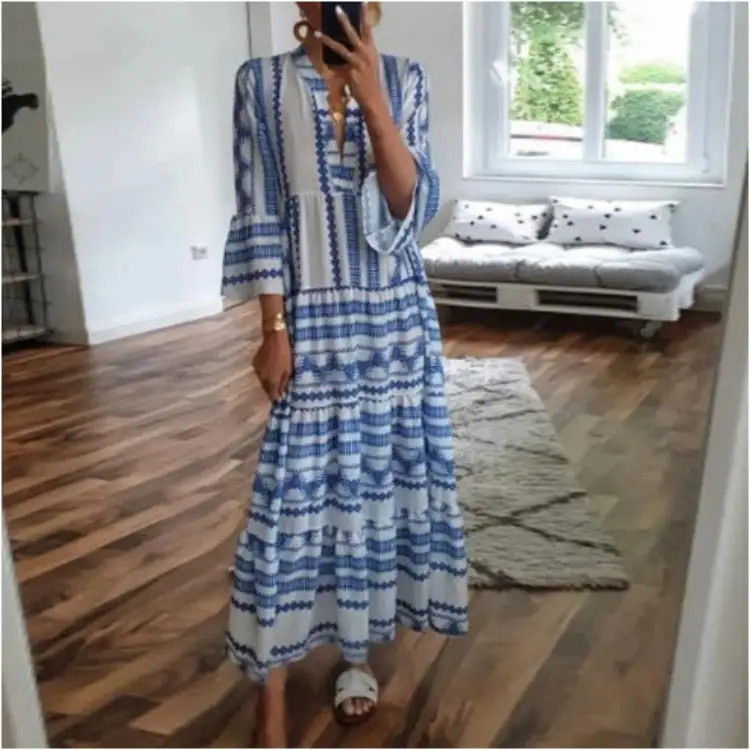 Blue White Bohemian Print Maxi Dress