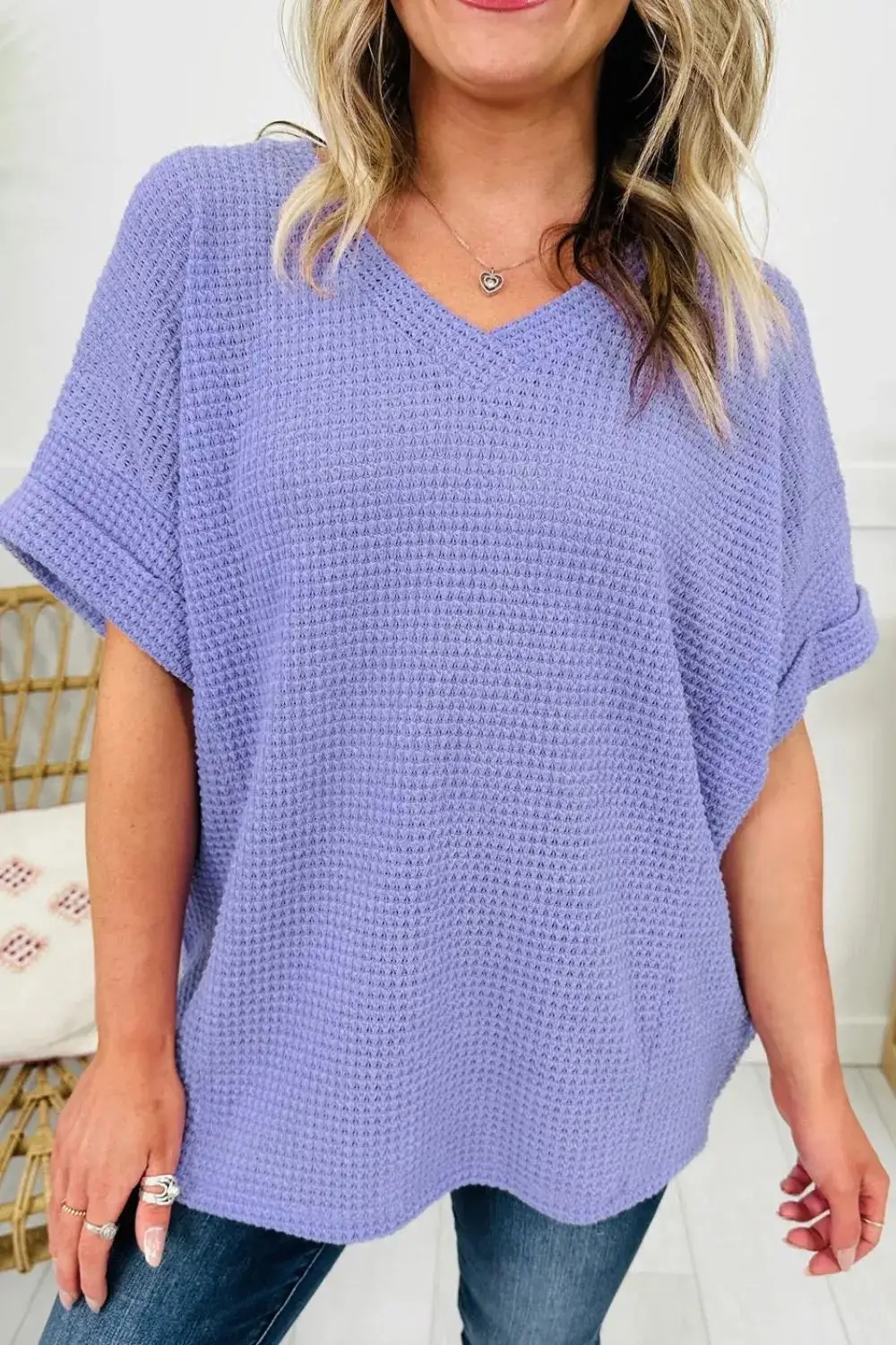 V Neck Short Sleeve Plus Waffle Knit