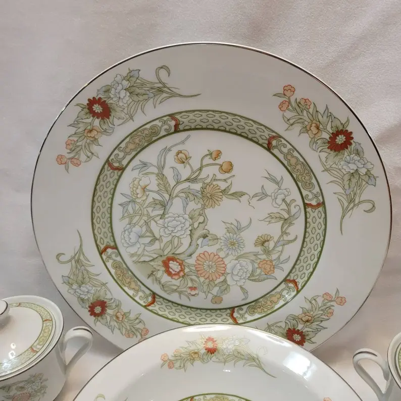 Vintage Mikasa Kabuki China-CHOICE-Serving Bowl-Chop Plate-Cream & Sugar-Green Floral Retro Dinnerware Platinum Trim