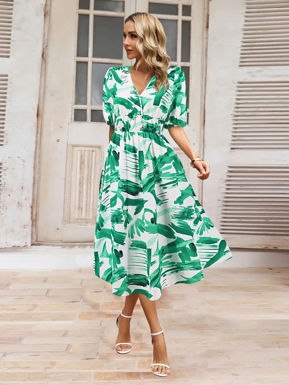 Boho Chic  Ruched Printed Surplice Short Sleeve Dress