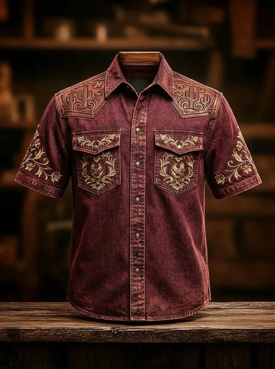 Men's Western Cowboy Cactus Floral Embroidered Printed Shirt