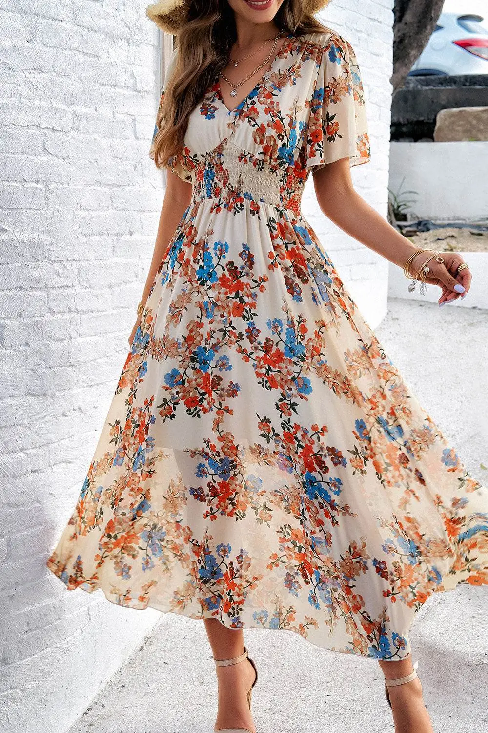 Smocked Floral V Neck Maxi Dress
