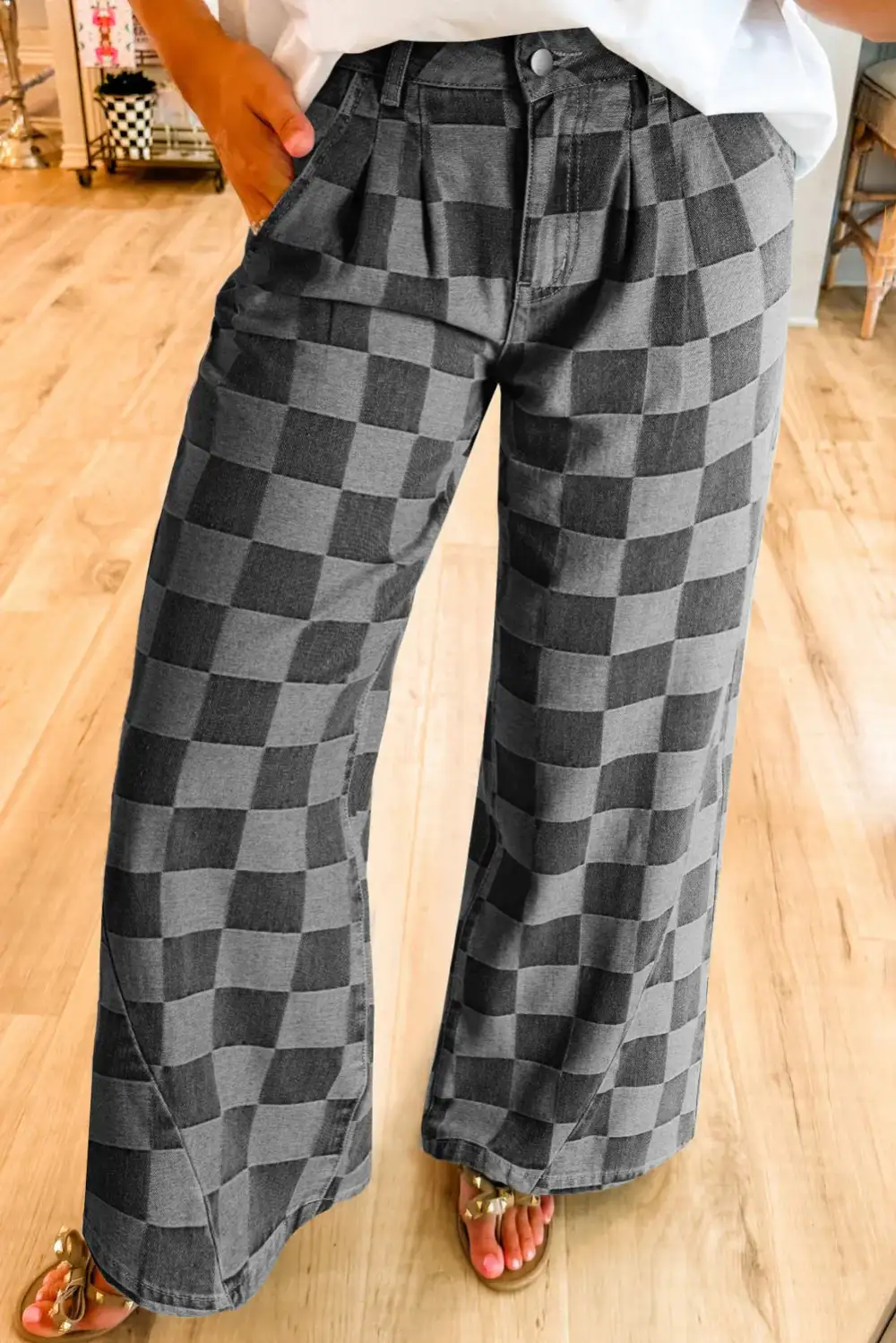 Wide Leg Checkered Jeans