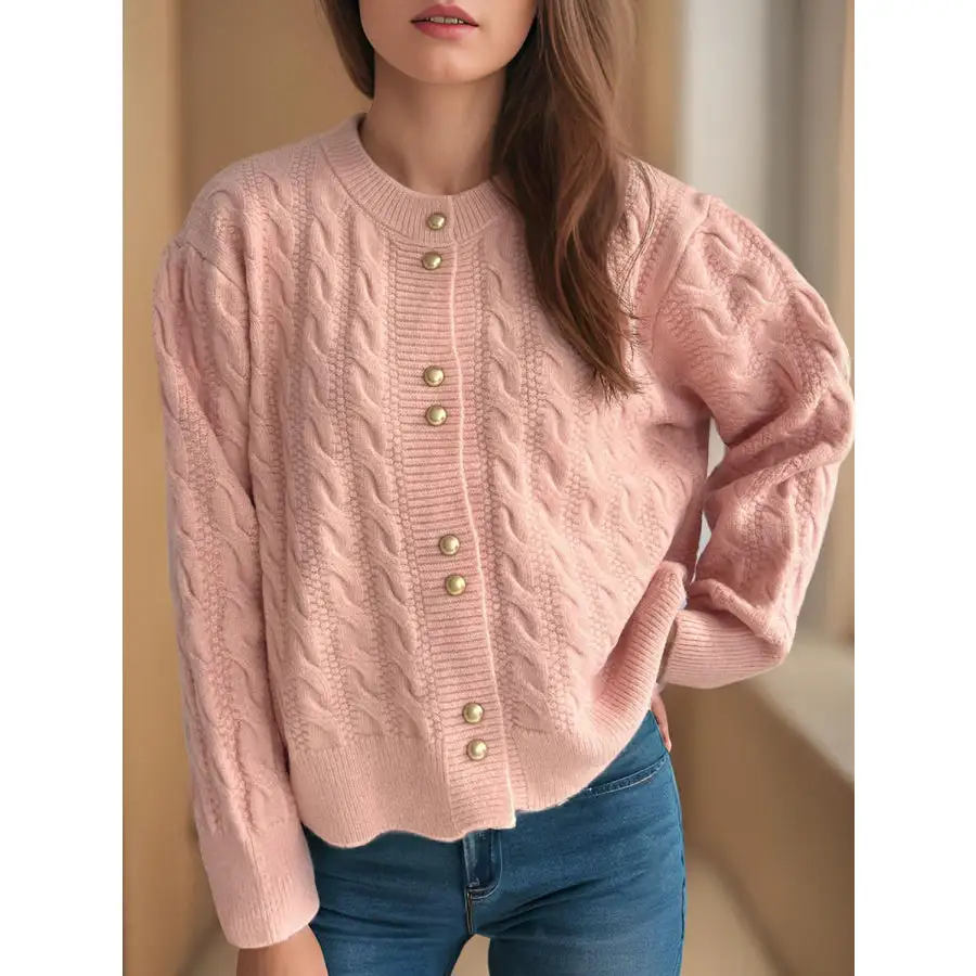 Cable Knit Round Neck Long Sleeve Cardigan