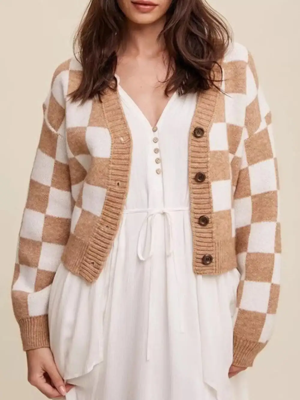 Checkerboard Pattern Button Down Cardigan