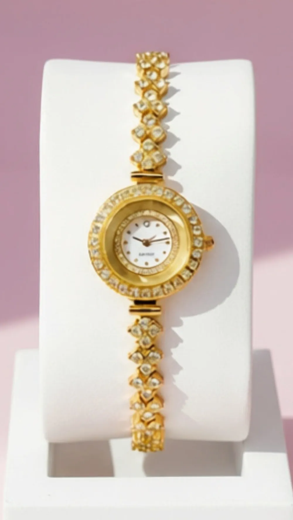 Round Face Crystal Bezel Link Quartz Watch