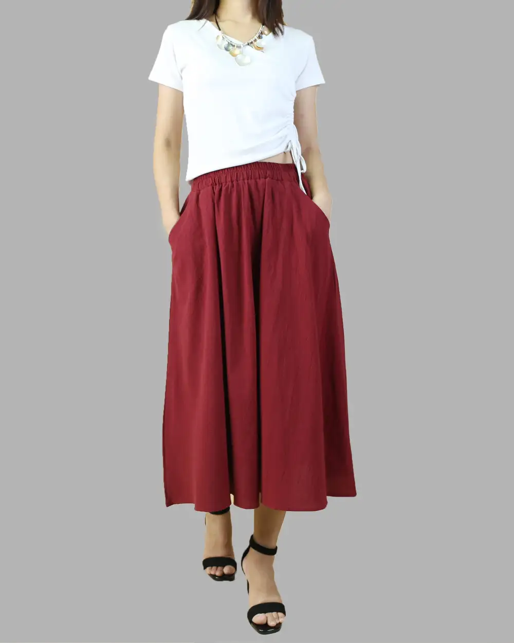 Relaxed Boho Linen Flared Midi Skirt
