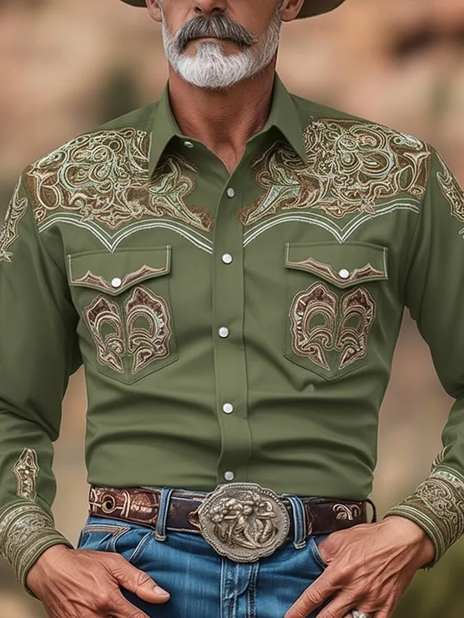 Men's Western Paisley Embroidered Red Long Sleeve Shirt