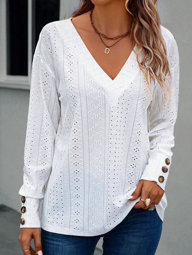 Casual Plain V Neck Long Sleeve T-shirt