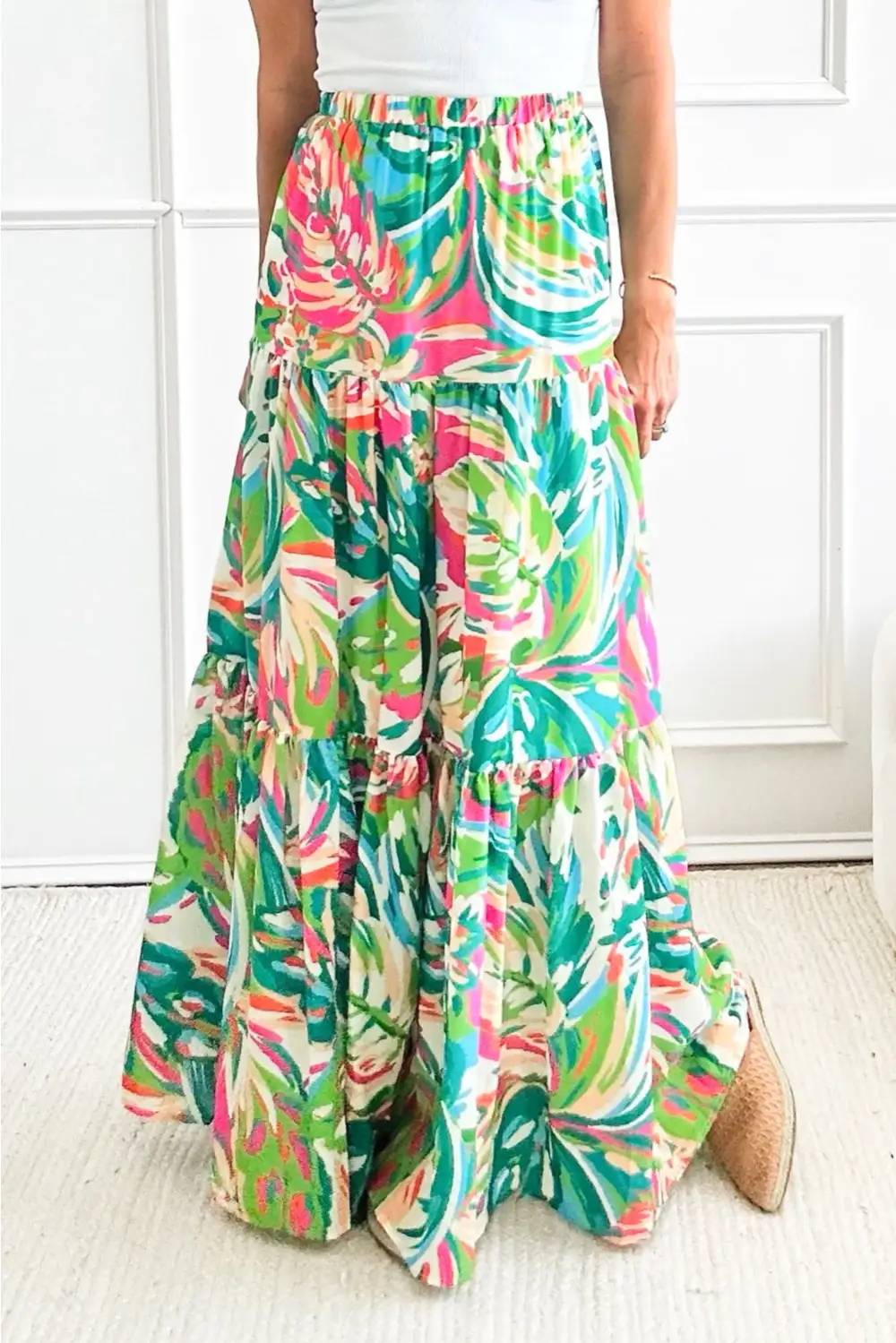 High Waist Elastic Waist Tiered Maxi Skirt