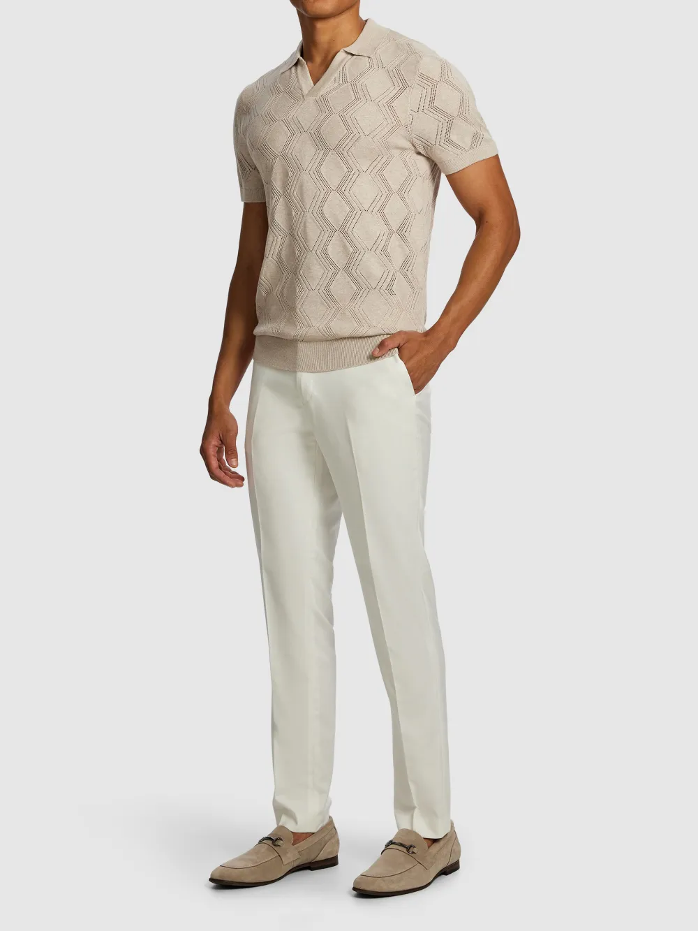 Beige Short Sleeve Diamond Pattern Polo Shirt