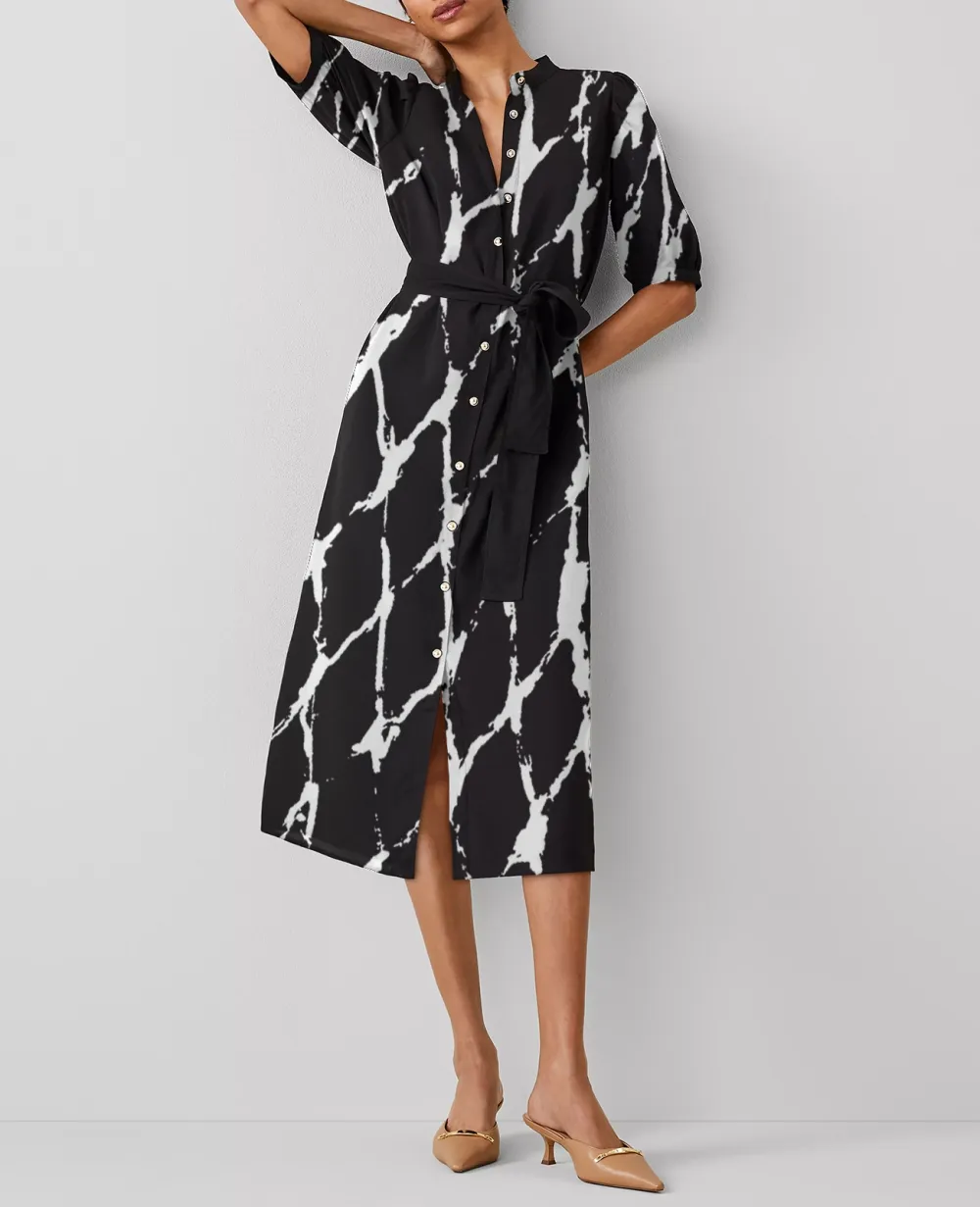 Stand Collar Belted Midi Shirtdress