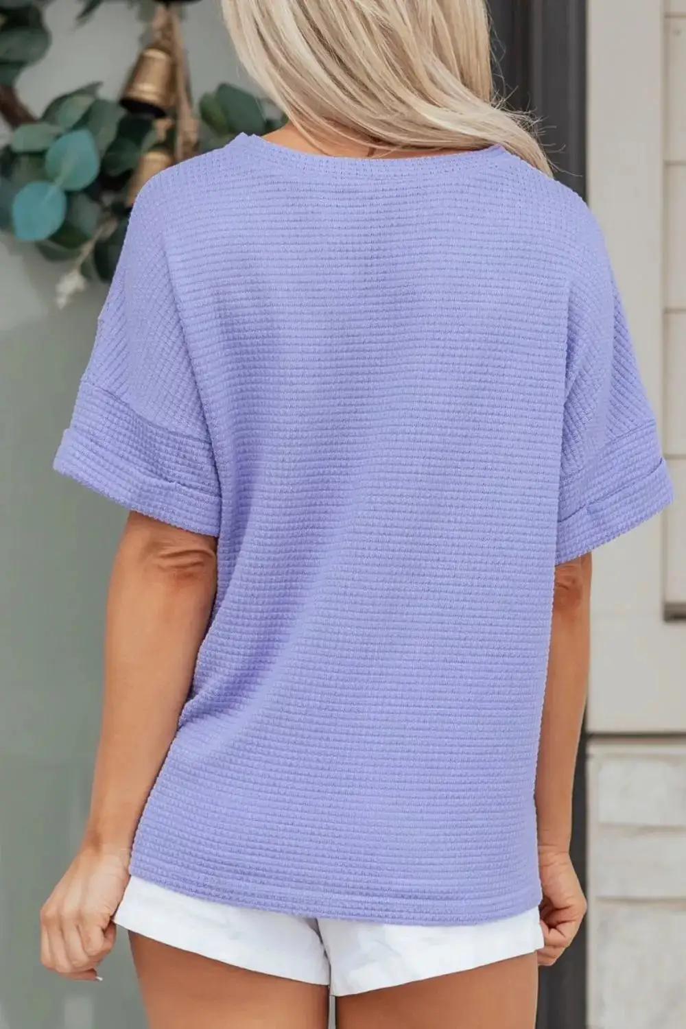 V Neck Short Sleeve Plus Waffle Knit