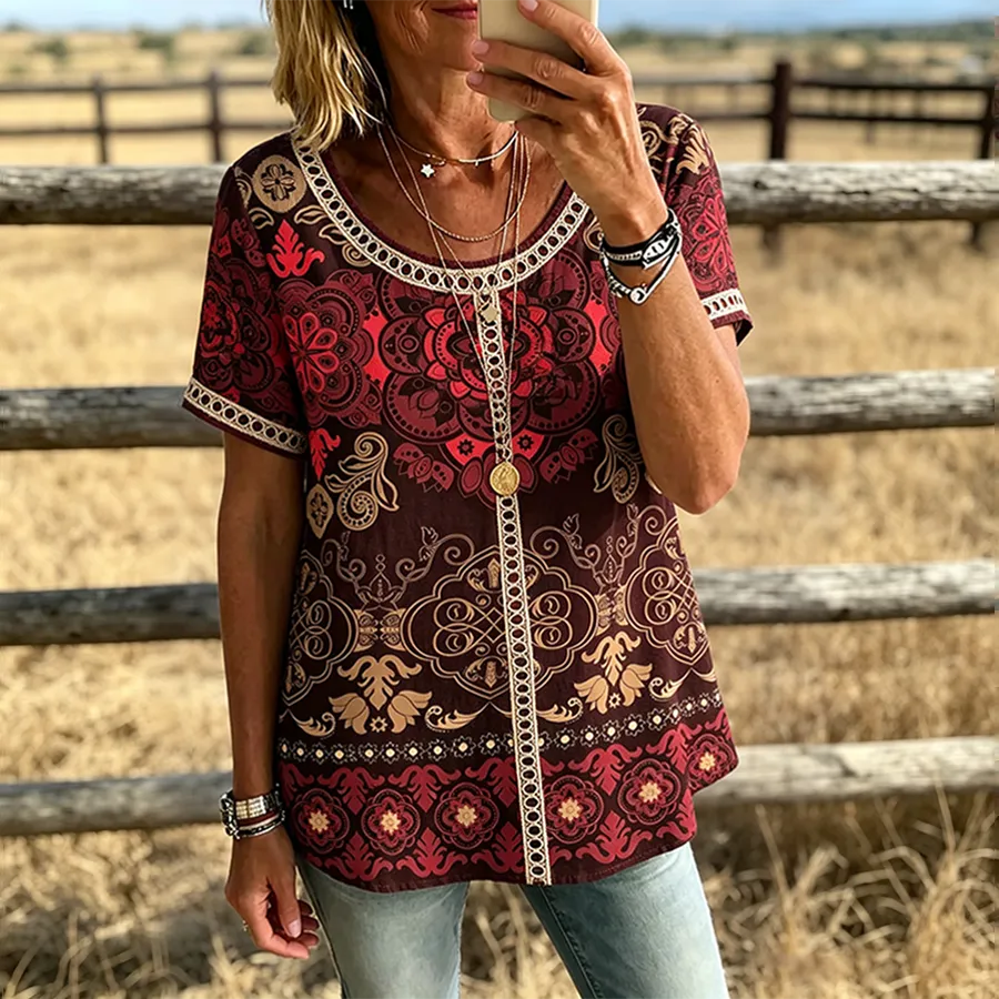 Mandala Print Trim Short Sleeve Western Casual Blouse