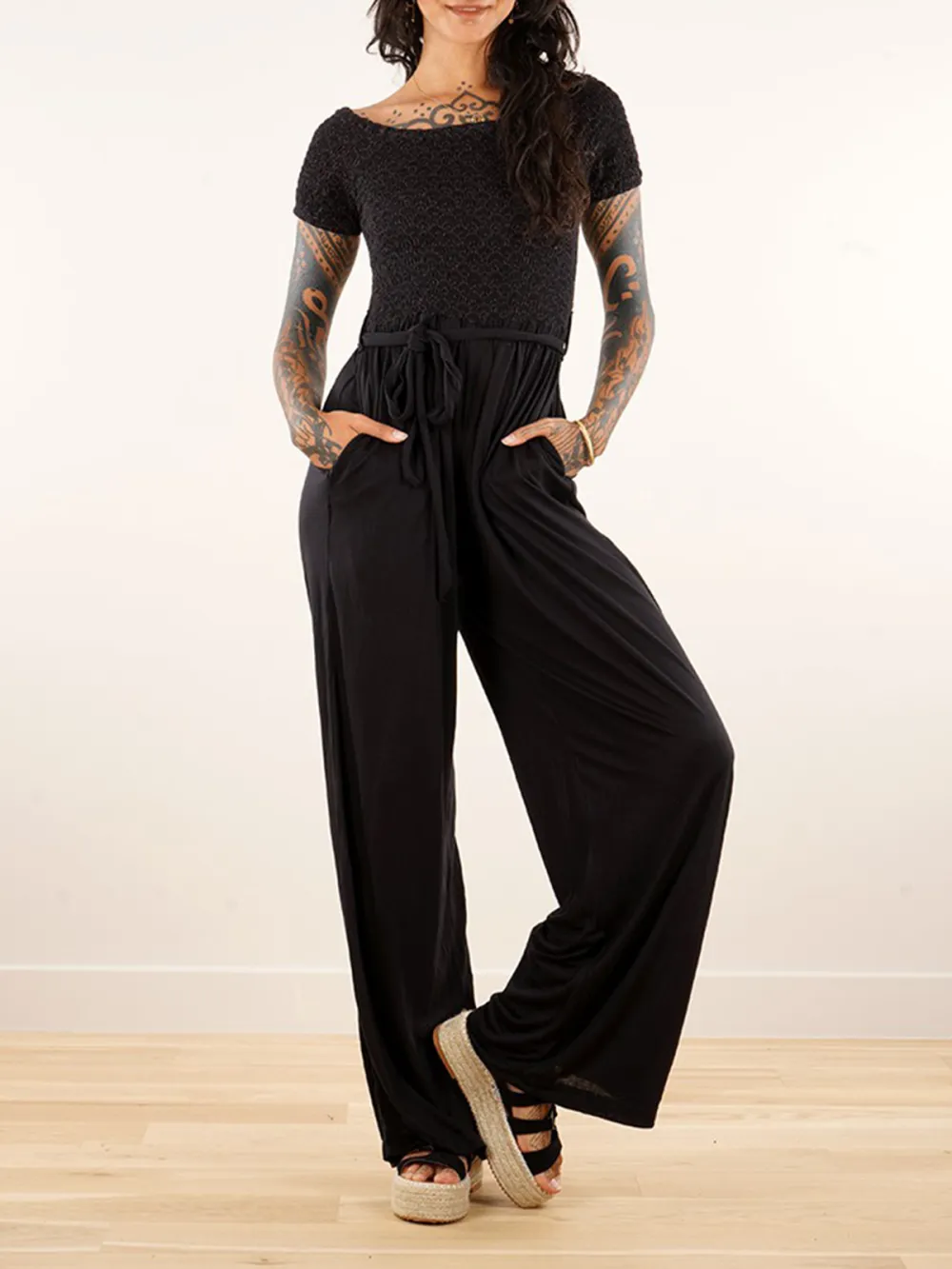 Short Sleeve Flare Leg Jumpsuit