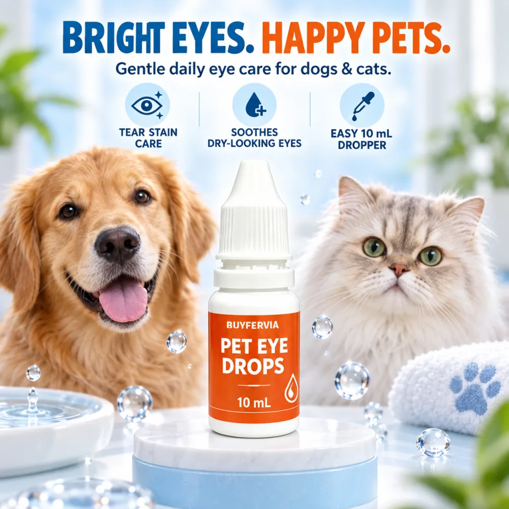 BUYFERVIA Pet Eye Drops, Dog & Cat Eye Wash Solution | Specially formulated eye drops for dogs and cats to flush and soothe eye irritation, remove tear stains in dogs, safe for all animals