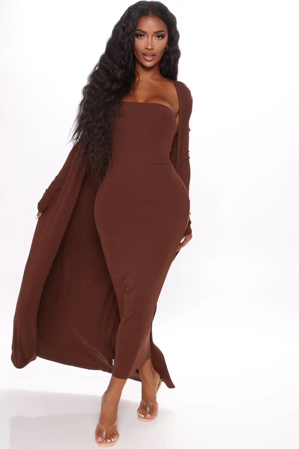 Satisfied Ribbed Maxi Dress Set - Brown