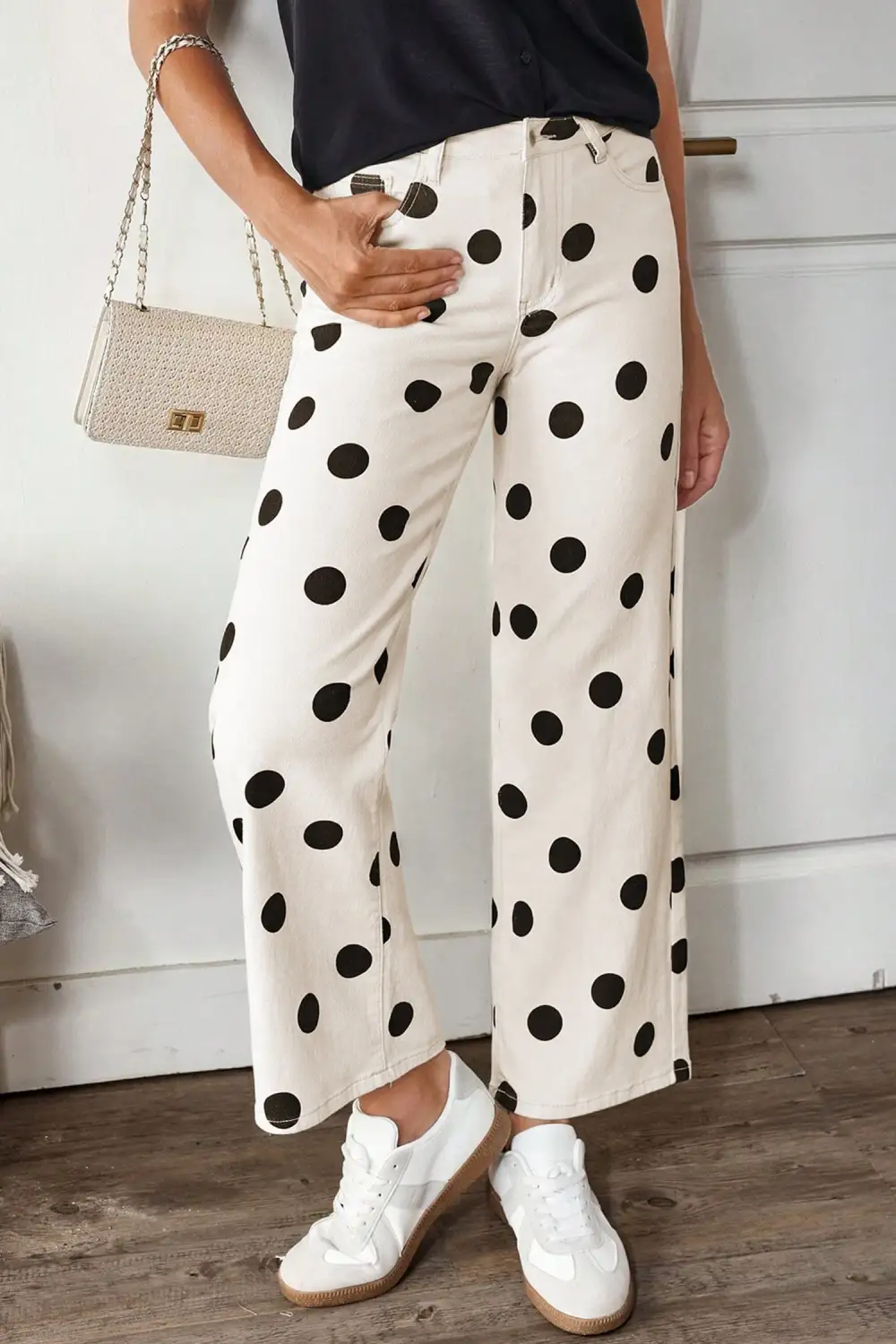 Wide Leg Print Polka Dot Ankle-length Jeans