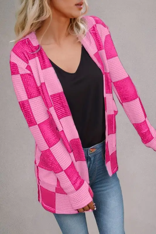 Checkered Waffle Knit Thumbhole Open Cardigan