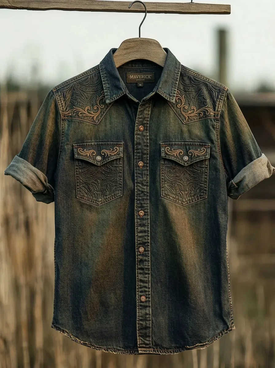 Men's Western Cowboy Floral Embossed Printed Denim Shirt