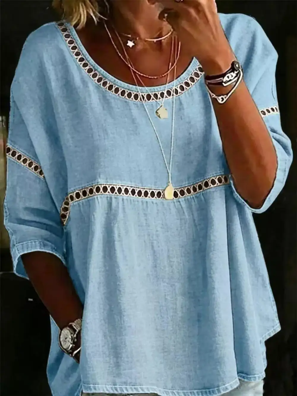 Hollow Out Round Neck Top Plus