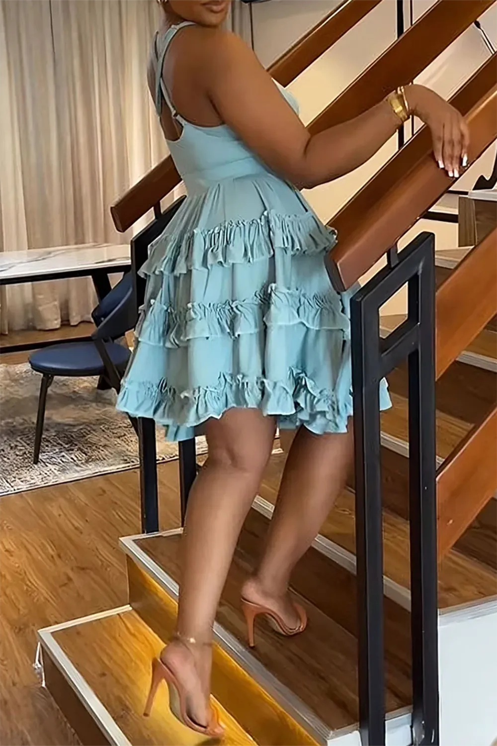 Plus Size Black Vacation Cut Out Sleeveless Ruffle Babydoll Mini Dresses