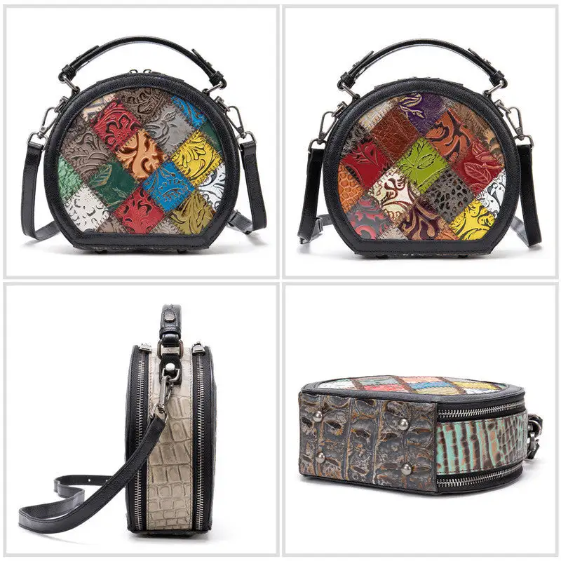 Small Cylindrical Cowhide Leather Handbag Retro Geometric