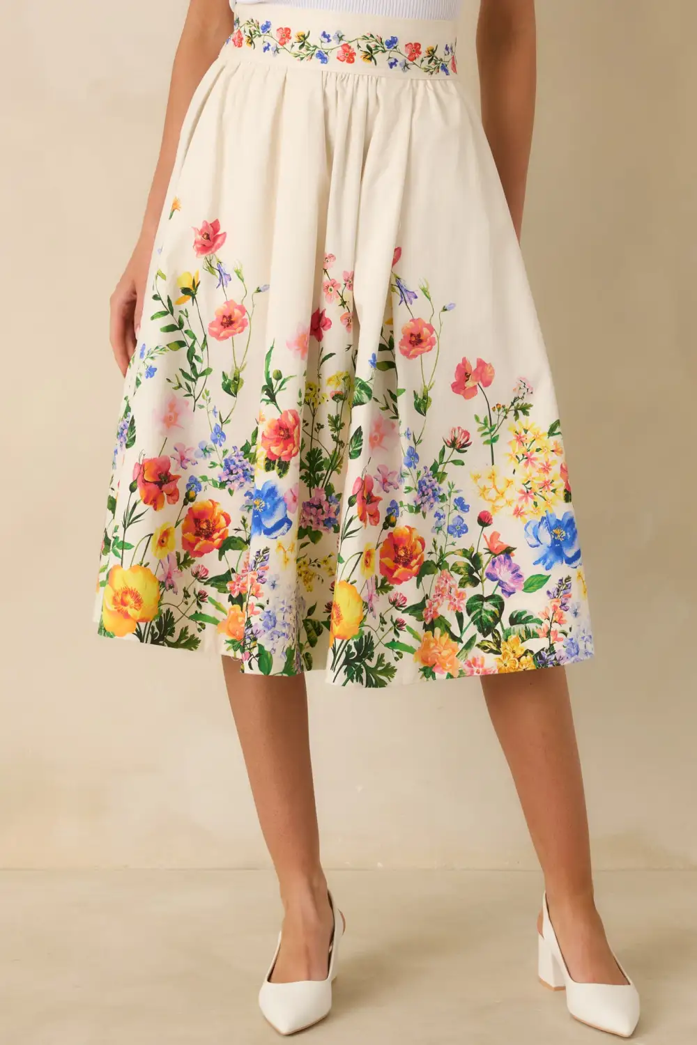 Beautiful Arrangement Multi Floral Cotton Midi Skirt