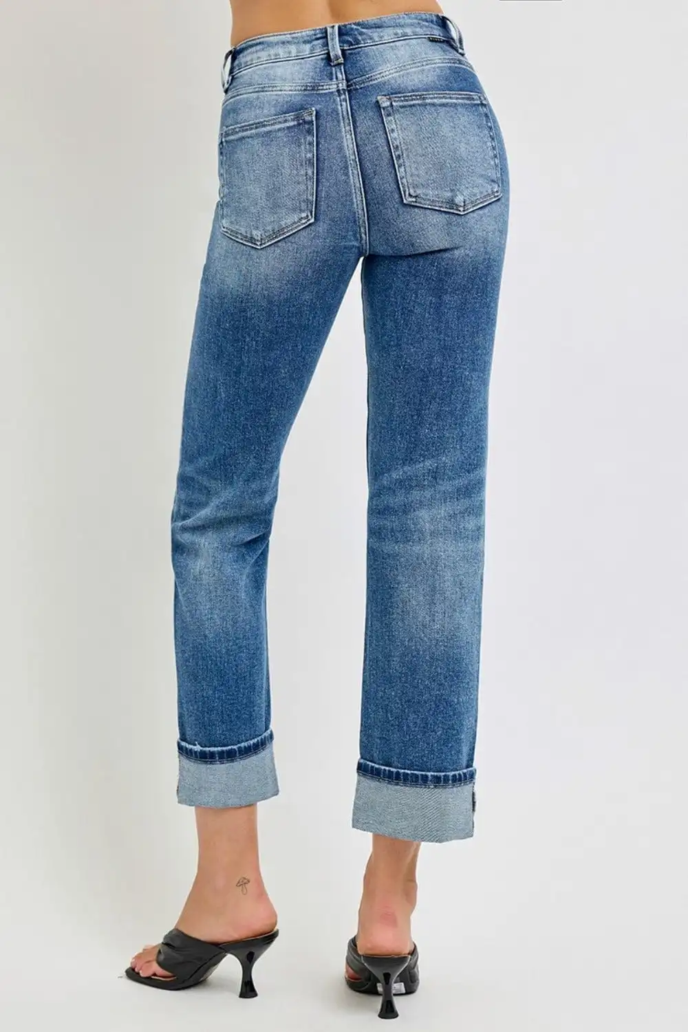 ??GYPSY-RISEN-High Rise Crop Straight Roll Up Jeans