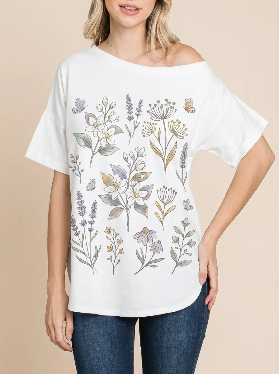 Women's Botanical Garden Butterfly Floral Printed T-shirt