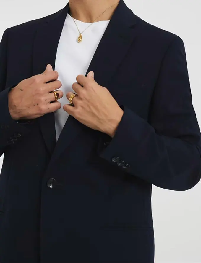 Men's Tight Fit Stylish Business Casual Navy Blue Suit Jacket