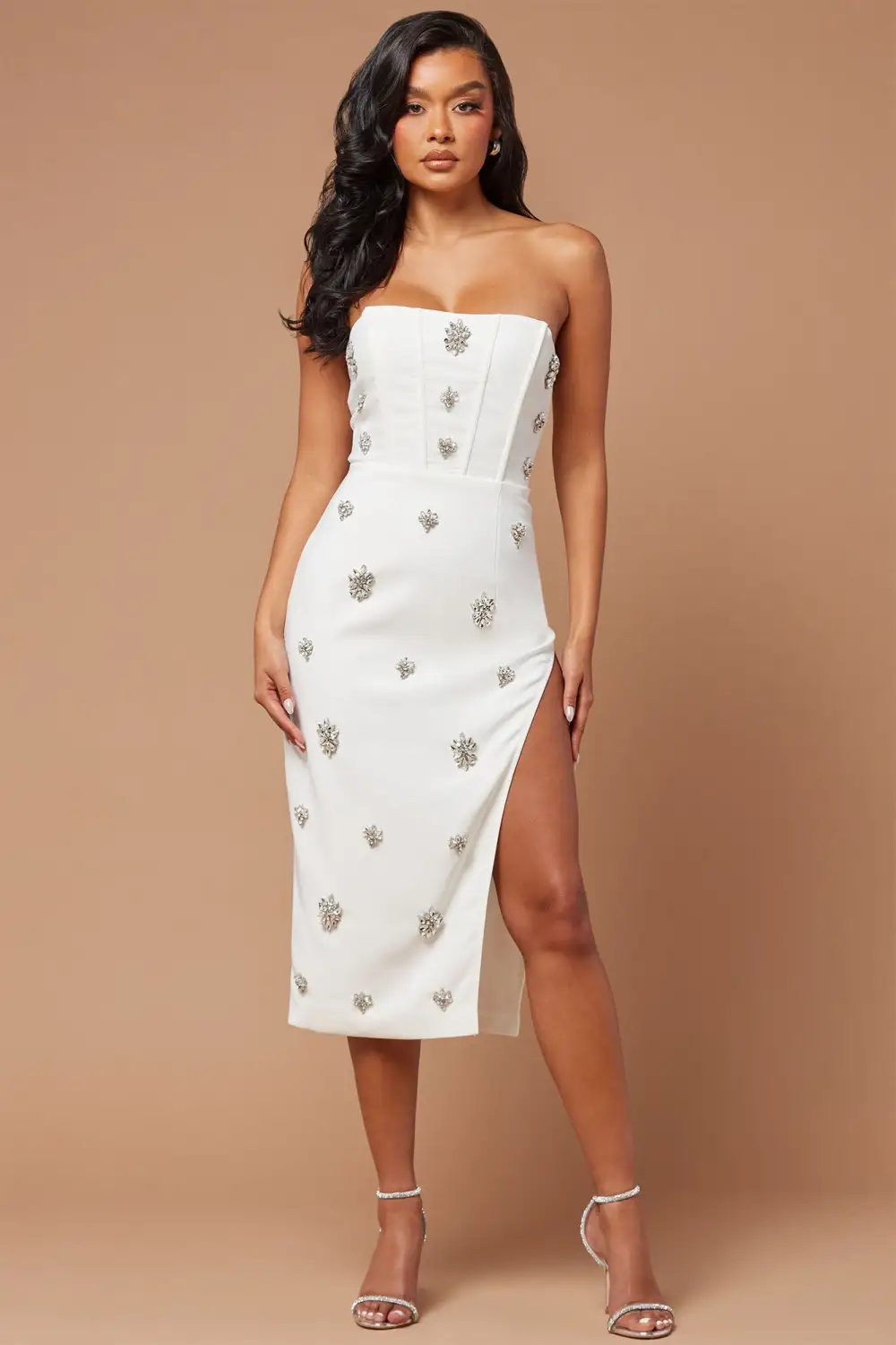 Liya Embellished Midi Dress - White