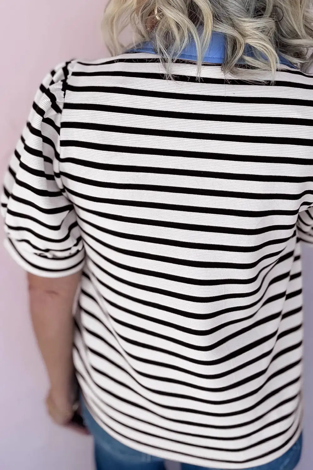 Black Stripe Short Puff Sleeve Color Block Polo Collar Blouse