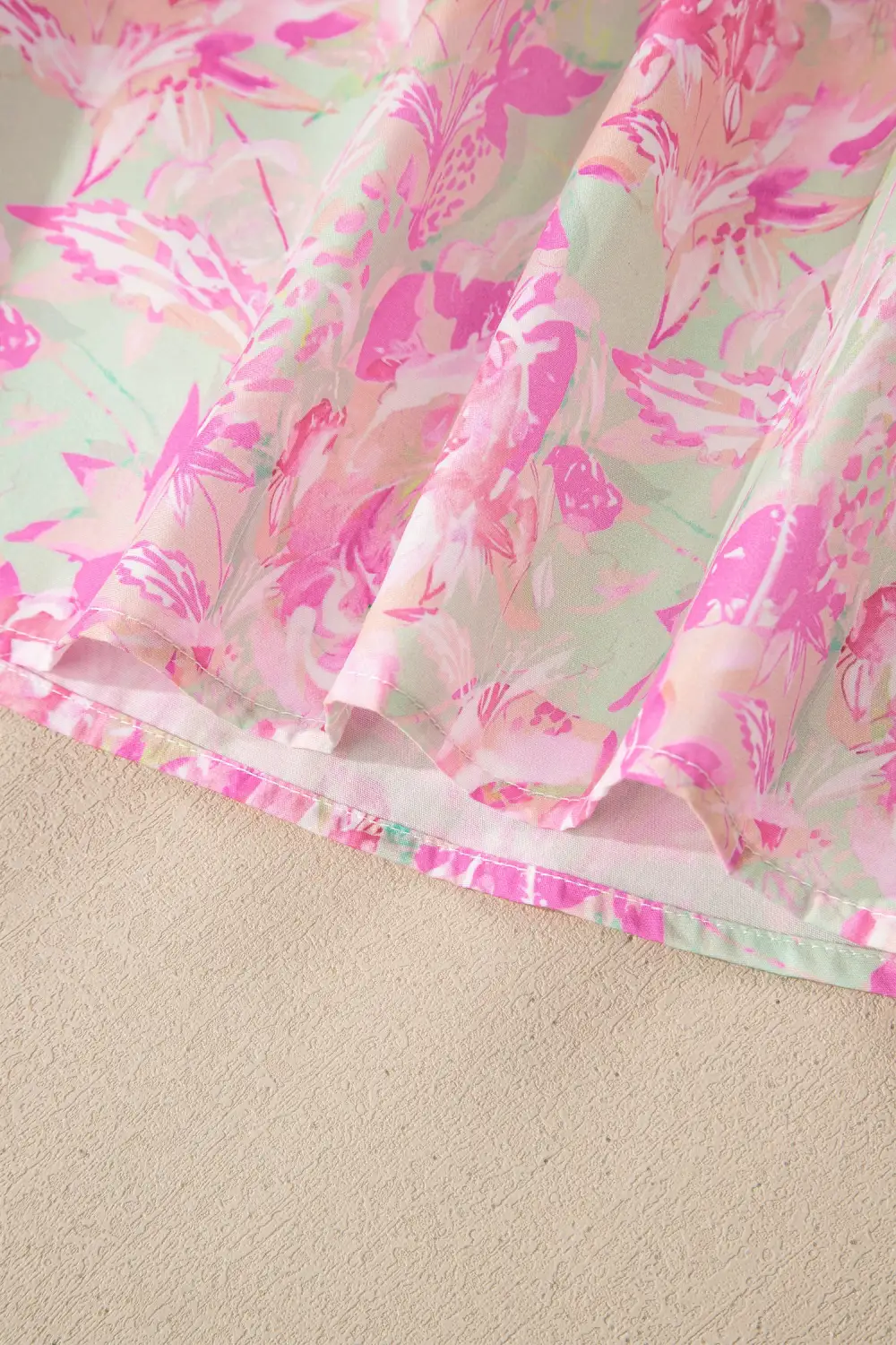 Pink Ribbon Knot Front Floral Short Puff Sleeve Blouse