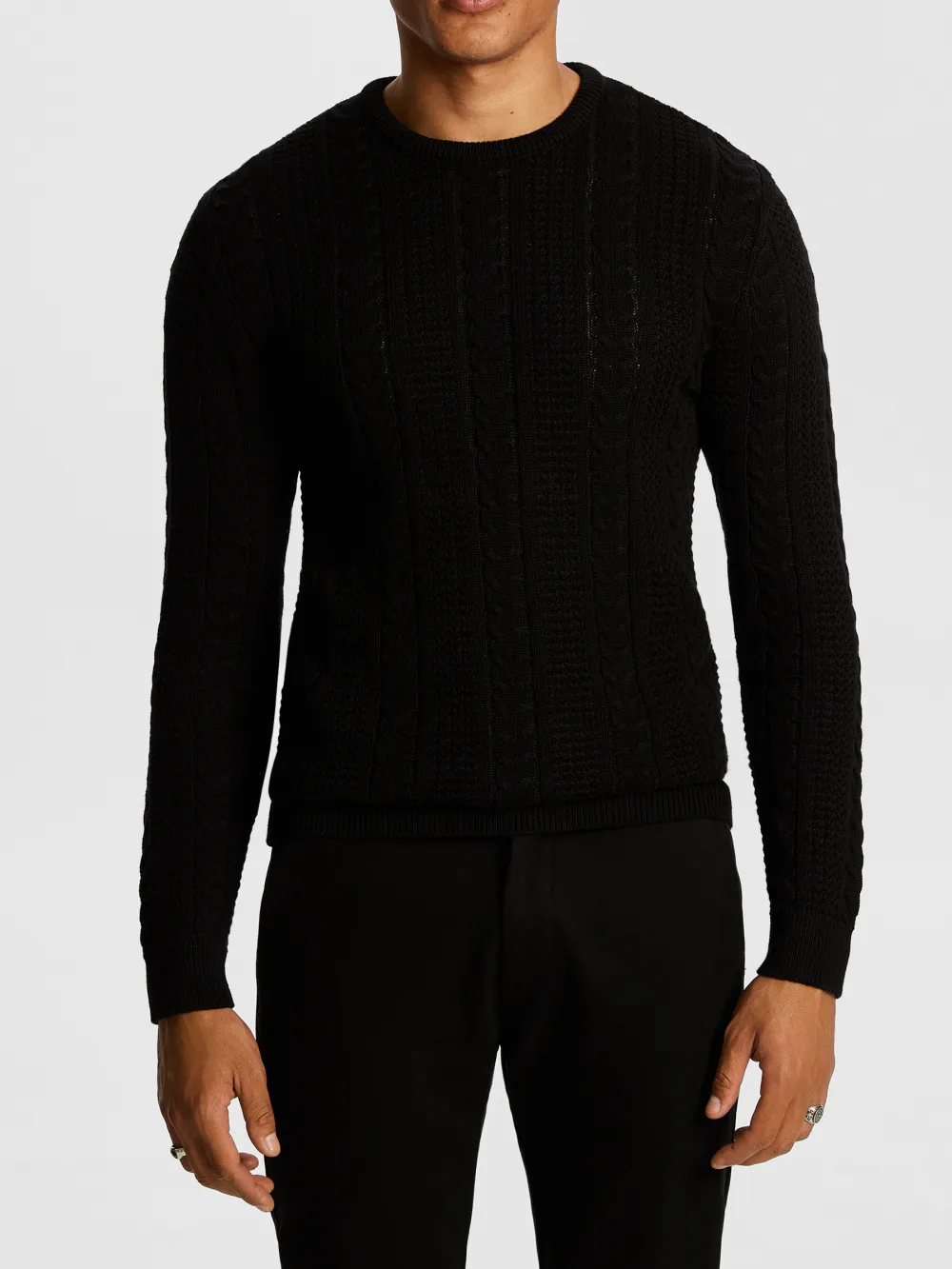 Black Cable Knit Crew Neck Sweater