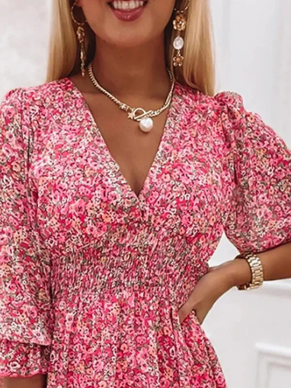 Casual Printed V-neck Mini Dress
