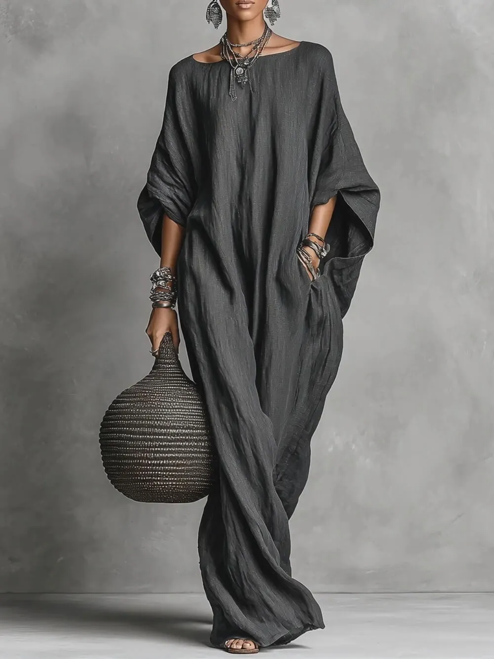 Casual Linen Batwing Sleeve Maxi Dress