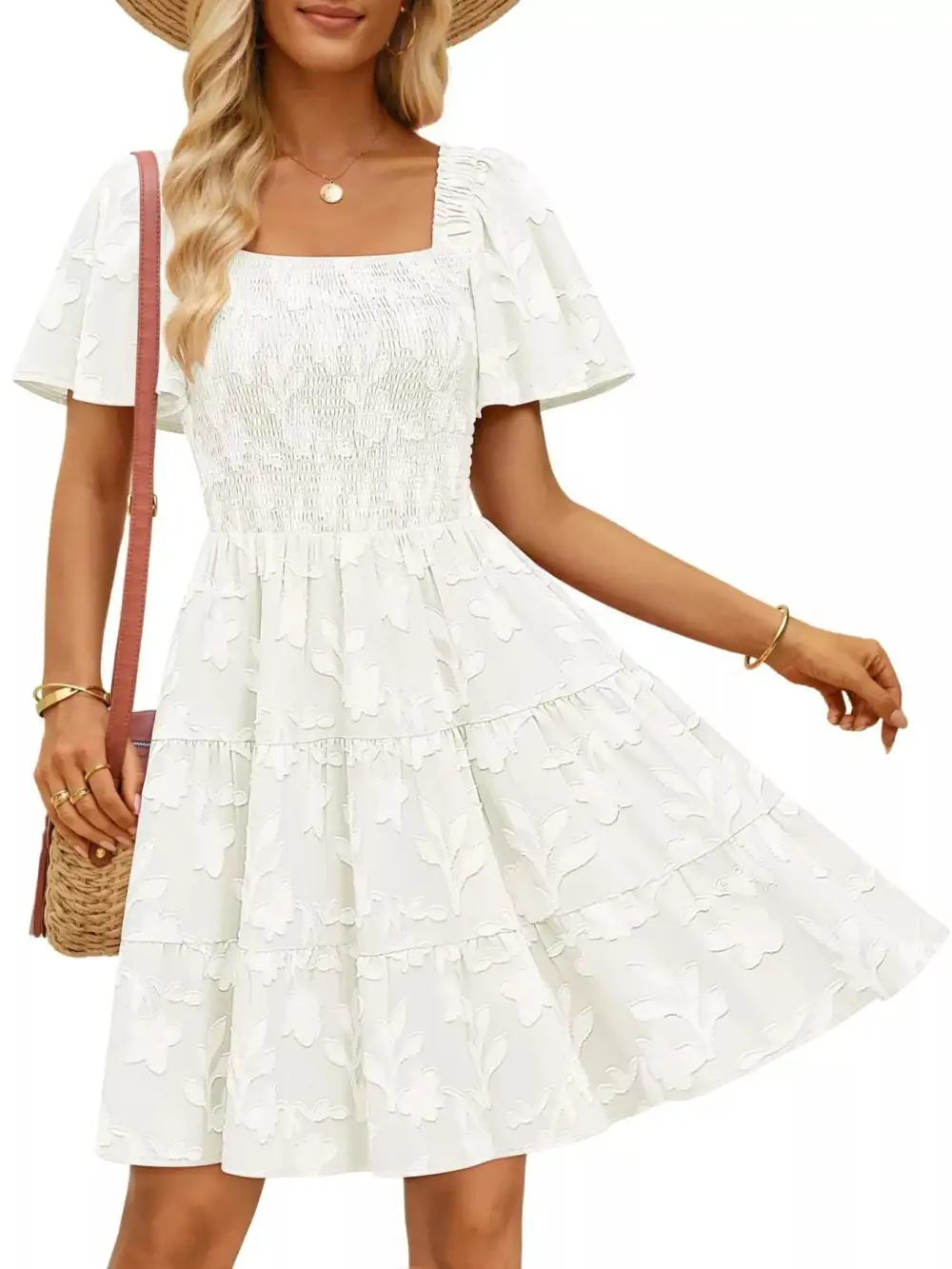 Square Neck Tiered Smocked Mini Dress