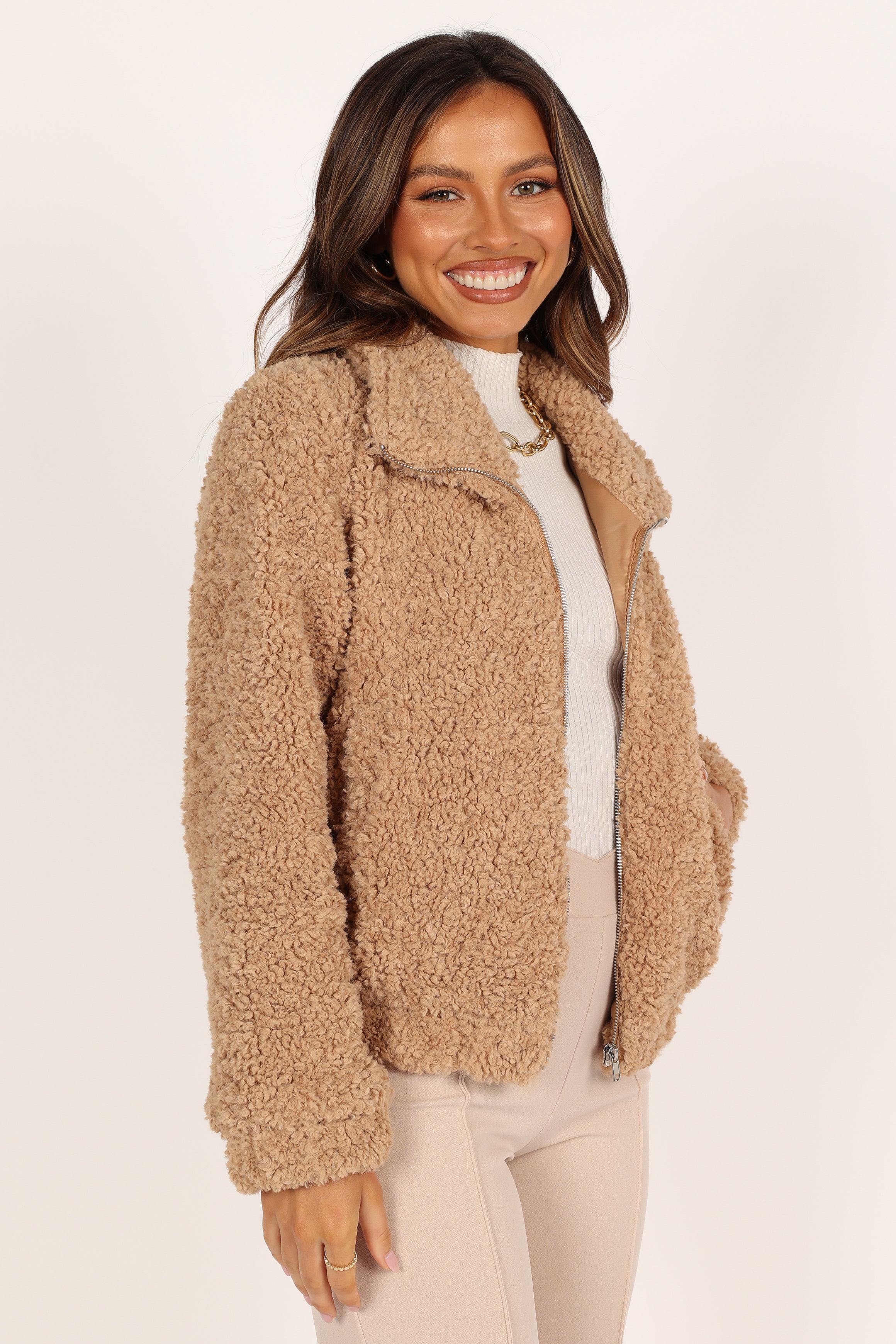 Lucia Zip Front Teddy Jacket - Camel