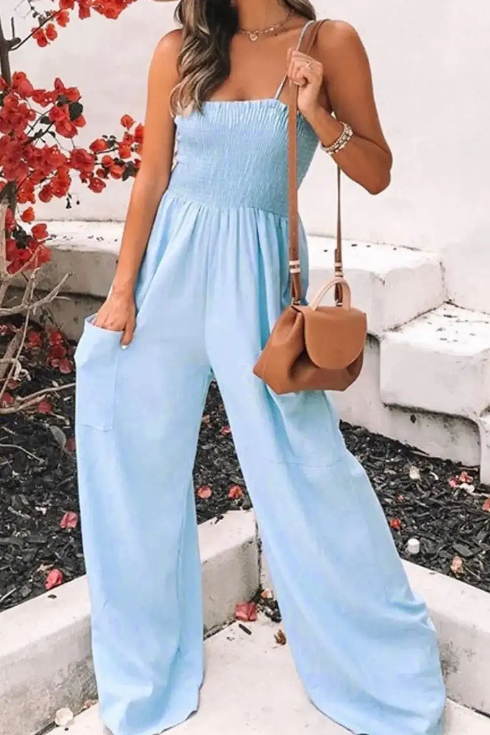 Smocked Strappy Wide Leg Jumpsuit